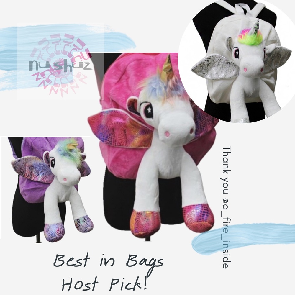 First Two Photos 3D Unicorn Metallic Sequin Fuzzy Furry Plush Backpack Bag - Picture 6 of 10